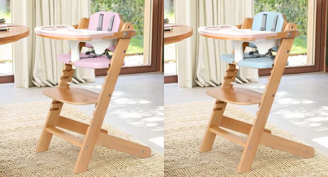 Cowiewie 3-in-1 Convertible Natural Wooden High Chair for Babies & Toddlers 3-Tier Remove & 2 Adjustable Wood Tray & 8 Levels Adjustable, 2 Waterproof Cozy Cushions Grey