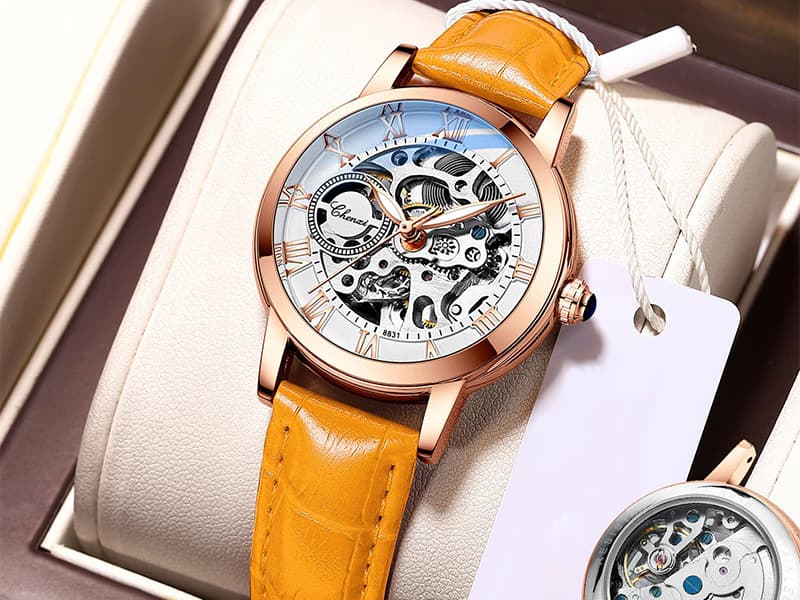 MASTOP Women's Sapphire Watches Automatic Steampunk Self Winding Mechanical Gold Bracelet Ladies Skeleton Wrist Watch Leather Strap for Ladies Famale