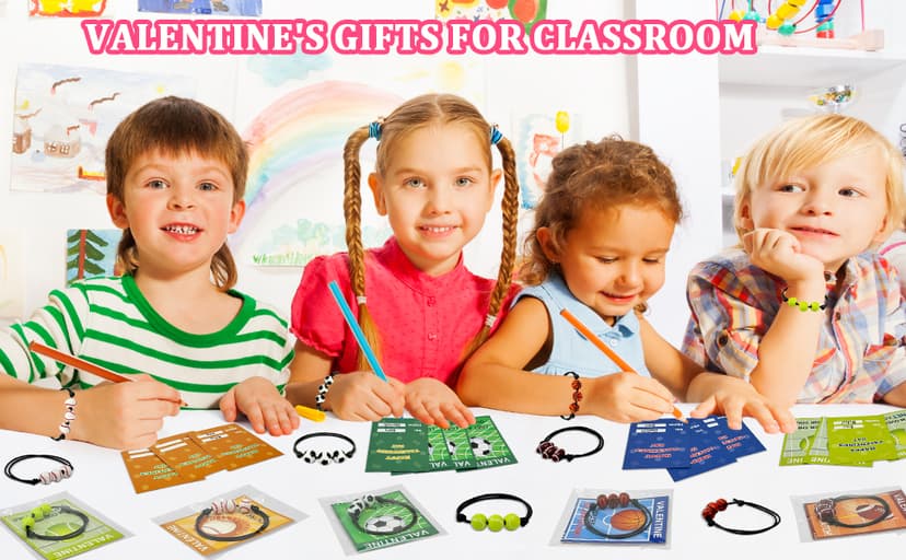 Sports Bracelet Valentines Day Gifts for Kids School Classroom,30 Pack Adjustable Bracelets w/ Cards for Toddler Boy Girl,Valentine Non Candy Treats Party Favor Goodie Bag Stuffers Prizes for Class