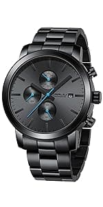 CRRJU Men's Business Casual Chronograph Quartz Waterproof Wristwatch Black Leather Strap