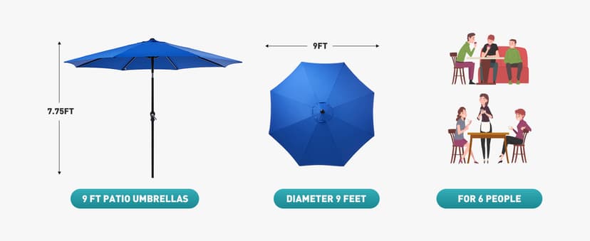 OLIXIS 9ft Patio Umbrella with Tilt and Crank Button & 8 Sturdy Ribs Waterproof, Patio Table Umbrella Perfect for Poolside, Terrace, Beach and Outdoor Restaurant, Blue