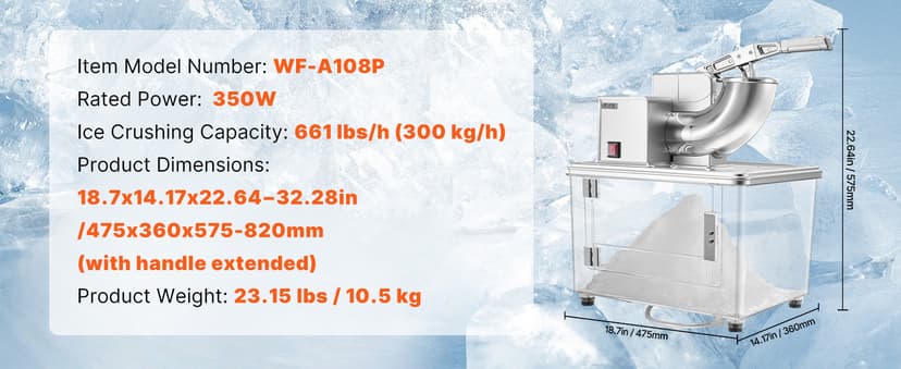 VEVOR Commercial Ice Crusher 661LBS/H, 350W Electric Snow Cone Machine with 4 Blades, 2000RPM Stainless Steel Shaved Ice Machine with 11 Gal Crushed-Ice Box, for Family Restaurants Bars, Silver