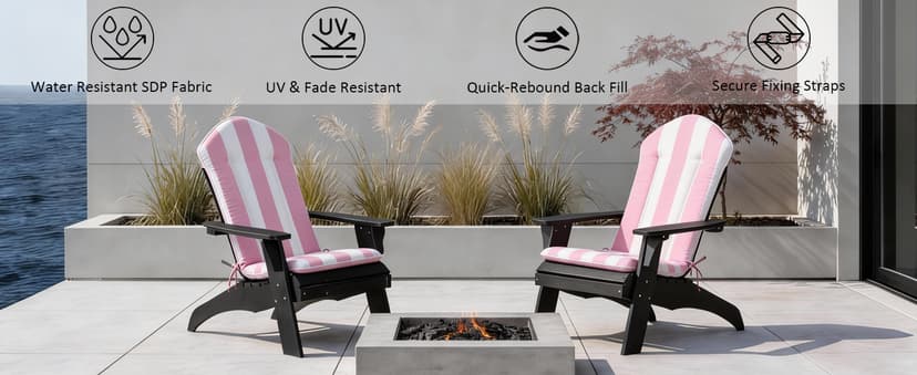 COZYVIDA 50"x20" Adirondack Chair Cushions Set of 2,Outdoor Rocking Chair Cushions high Back,Water-Resistant,UV-Resistant 1000+ Hrs, with Adjustable Straps,Pink White Stripe