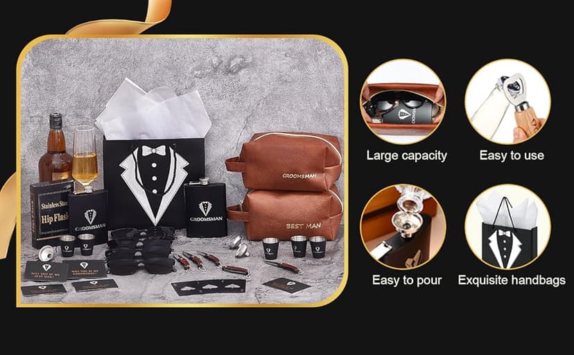60Pcs Groomsmen Gifts Set of 6, Groomsmen Proposal Box with Flasks Sunglasses PU Leather Toiletry Bag Bottle Opener for Wedding Groomsman Best Man Gift