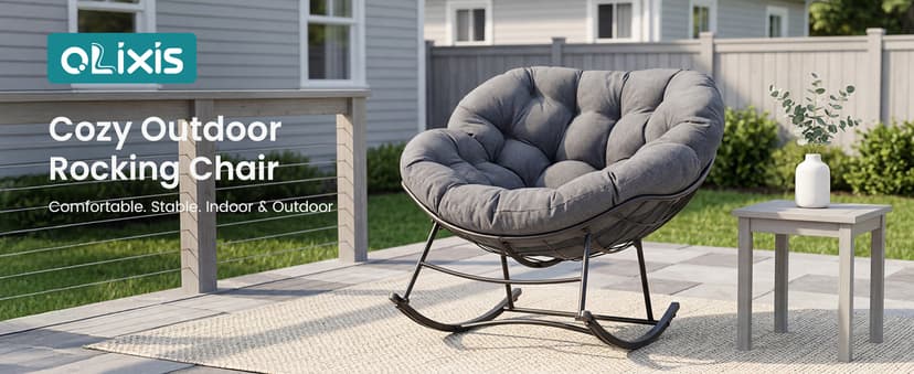 OLIXIS Outdoor Rocking Chair with 5.5" Thick Cushion, Oversized Egg Lounge Chair with Water-Repellent & UV-Resistant Fabric, 450 Lbs Heavy Duty for Patio, Living Room, Garden, Bedroom, Gray