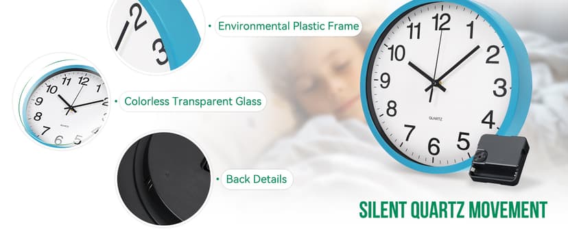 Wall Clock Non-Ticking Silent Quartz Movement Decor Clock Modern Simple Style Round Plastic Wall Clocks for Home/Office/School/Living Room/Bedroom/Kitchen (Blue, 12 Inch)