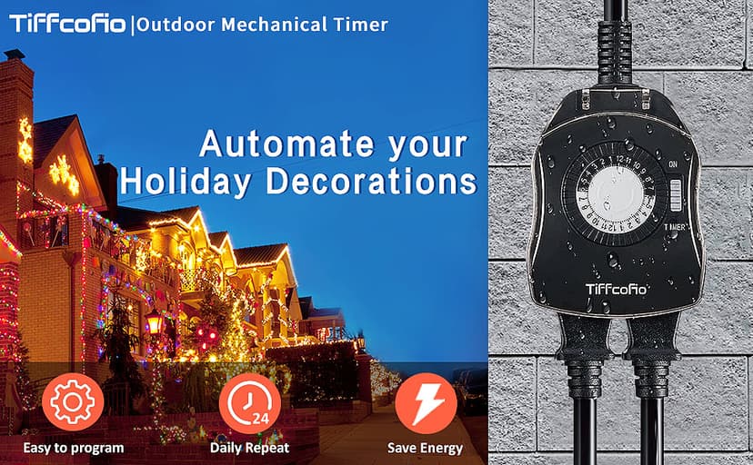 TiFFCOFiO Outdoor Timer Outlet, 24 Hour Mechanical Outdoor Timer for Pool Pump, Outdoor Light Timer Waterproof, 2 Grounded Outlets for Home and Garden, 15A 1/2HP, Heavy Duty, CSA Listed (1 Pack)