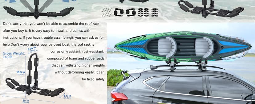 XGeek Kayak Roof Rack 4-in-1 Set of 2 for Kayak, Surfboard, Canoe and Ski Board Rooftop Mount Carrier Folding Adjustable Bilateral J-Style Rack on SUV, Car and Truck