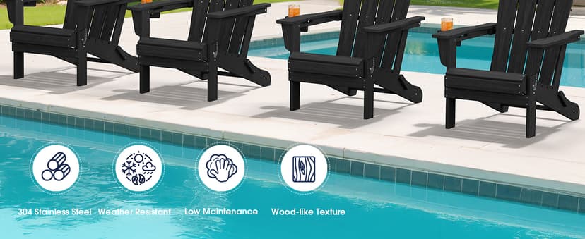 KINGYES Folding Adirondack Chair Set of 6, HDPE All-Weather Patio Chairs, Wooden Textured Lawn Chair for Poolside, Backyard, Deck, Fire Pit, Black