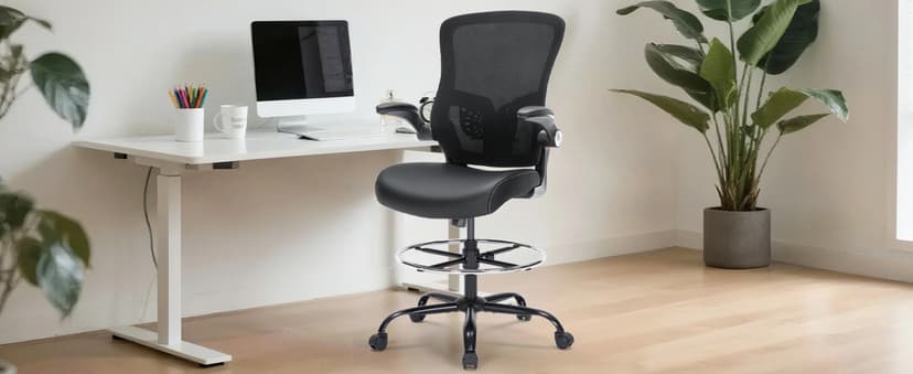 Drafting Chair, Tall Office Chair with PU Leather Seat, Ergonomic Standing Desk Chair with Lumbar Support Counter Height Office Chair with Adjustable Footrest Ring Flip-up Armrests