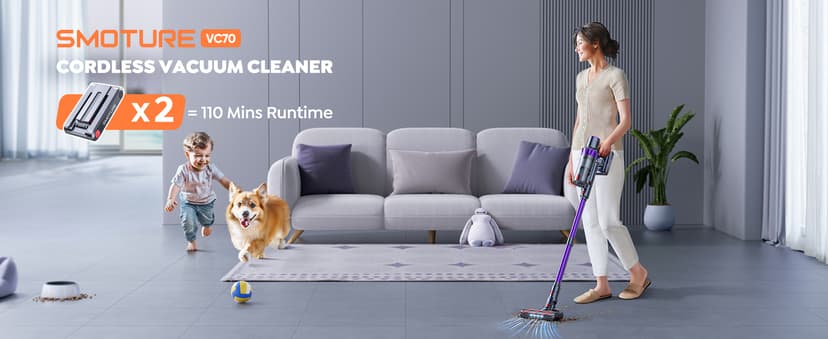 Cordless Vacuum Cleaner, 2 Batteries 110 Mins Runtime Vacuum Cleaners for Home, 45KPA 550W Stick Vacuum with Brushless Motor, Automatically Adjust Suction, Handheld Vacuum for Pet Hair/Carpet/Floor