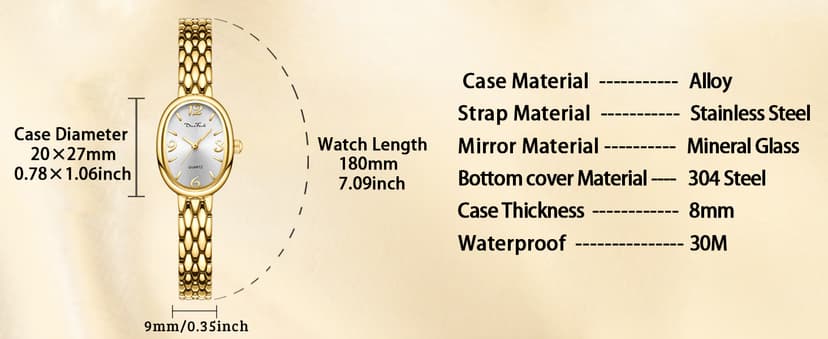 Diaofendi Petite Vintage Oval Gold Women’s Watch, Waterproof Elegant Watch with Japanese Quartz Movement, Adjustable Strap with Tool