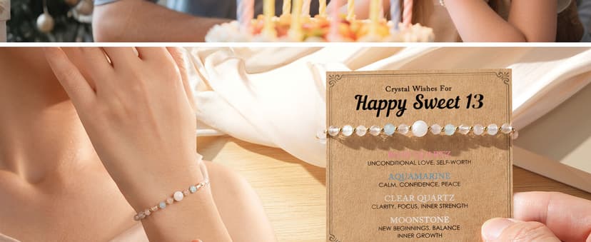 HGDEER Natural Crystal Bracelet 13th 16th Birthday Gifts for Girls - Rose Quartz Moonstone Aquamarine Healing Stones Jewelry with Meaning Card for Daughter Granddaughter