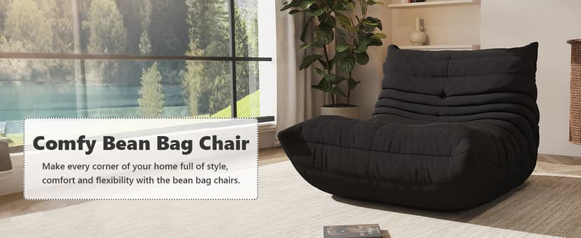 Bean Bag Chair for Adults, Comfy Floor Chair Memory Foam Bean Bag Chair, Cozy Lounge Floor Chair for Gaming, Reading & Relaxation, Small Foam Couch for Living Room, Bedroom(Black,Single)