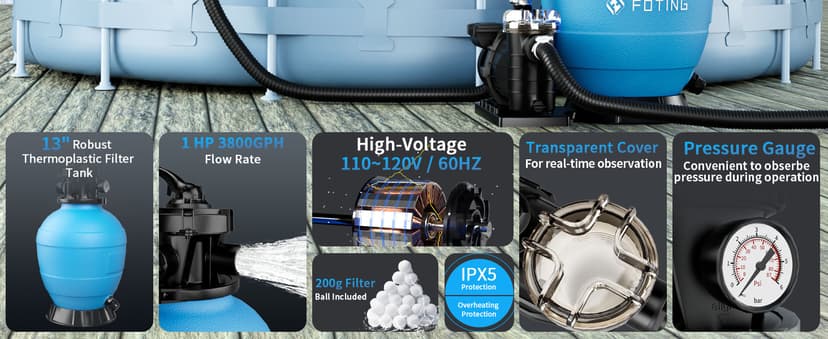 FOTING Sand Filter Pump for Above Ground Pool, Pool Sand Filter with Timer, 7-Way Multi-Port Valve, Pool Pumps Above Ground, 13in 1HP 3800GPH for 13000GAL Pool