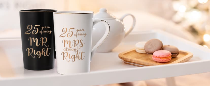YHRJWN 25th Anniversary Presents, 25th Wedding Anniversary Presents for Couple Parents, 25th Mr Right Mrs Always Right Coffee Mugs, His and Hers Gifts, 14 Oz with Lids, Spoons and Gift Box