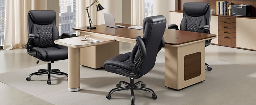 BESTFAIR Office Chair, Ergonomic Computer Desk Chairs with Lumbar Support for Lower Back Pain Relief, Executive Leather Home Chair Comfy with Padded Flip-up Armrests, Black