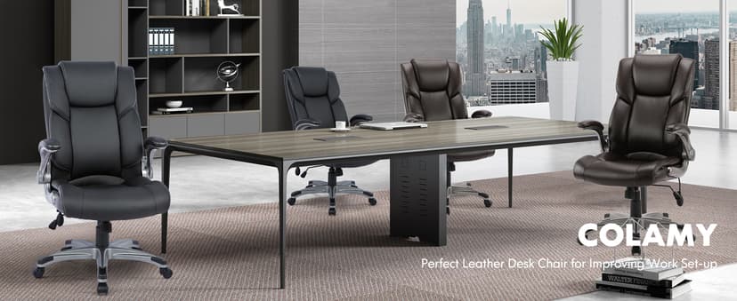 COLAMY Leather Executive Office Chair- High Back Home Computer Desk Chair with Padded Flip-up Arms, Adjustable Tilt Lock, Swivel Rolling Ergonomic Chair for Adult Working Study-Black, Set of 2