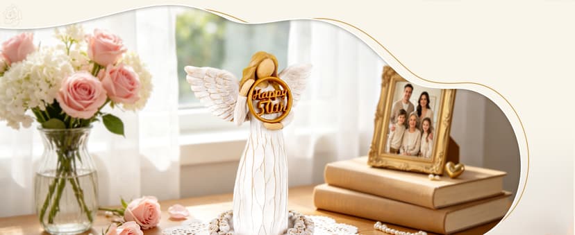 Hand-Painted Resin Angel Figurine with Rose Base, Milestone Birthday Gift for Mom Grandma Wife Sister 50th Birthday Gifts for Women - Replaceable 60th, 70th, 80th Age Plates B0H8CG1828