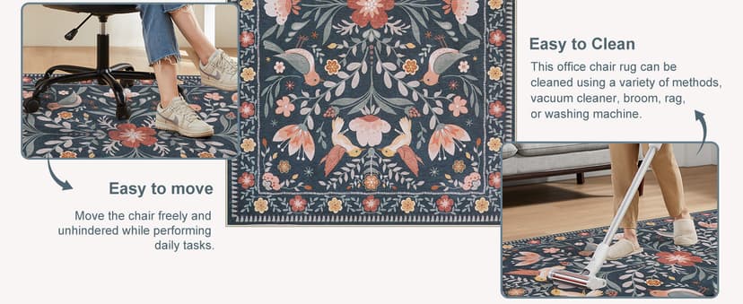 Anidaroel 48"x60" Office Chair Mat for Hardwood Floor/Tile, Black Floor Mat for Office Chairs, Anti-Slip Floral Under Desk Rug for Rolling Chairs, Bird Bug Low Pile Desk Chair Mats for Hardwood