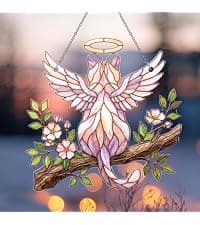 Wavy acrylic suncatcher featuring winged cat moon artwork, designed as a window hanging ornament for home décor and spaces Cat Suncatcher, Pet Memorial Gifts, Window Hanging Ornament 3 (6 Inches) B0HFW19G7L