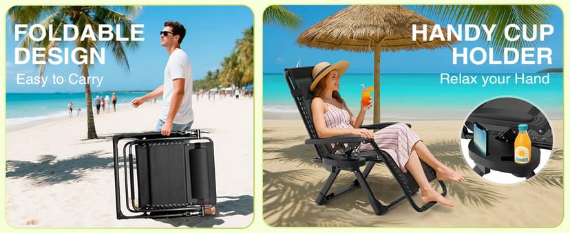 Suteck Zero Gravity Chair, Reclining Camping Lounge Chair w/Removable Cushion, Upgraded Lock and Cup Holder, Reclining Patio Chairs Folding Recliner for Indoor and Outdoor
