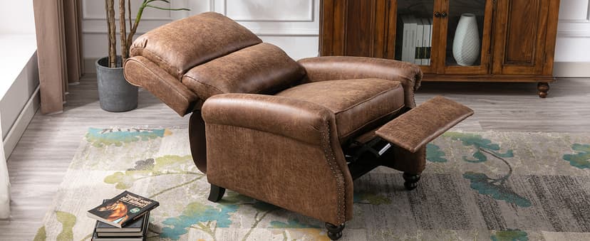 IOMOR Push Back Recliner Chair Faux Leather Lounge Armchair with Rivet Decoration Wingback Single Sofa Chair with Padded Seat Solid Wood Legs for Living Room, Chocolate