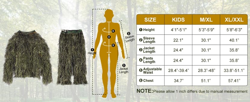 Seeutek 5 in 1 Ghillie Suit - 3D Camouflage Hunting Suits - Jacket, Pants, Hood, Carry Bag for Adults & Youth, M/L/XL/XXL