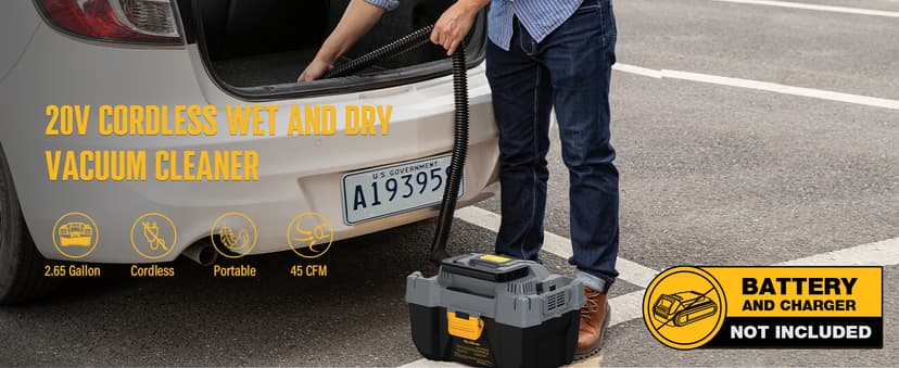 20V Cordless Vacuum Cleaner-Wet/Dry Shop Vac,2.6 Gallon Capacity,Compatible with DeWALT Batteries (Bare Tool - No Battery & No Charger),Ideal for Cleaning Car,Home Spaces,and Workshops RCSV-20