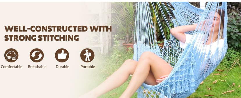 Chihee Hammock Chair Handmade Hanging Chair Cotton Rope Woven Hanging Seat Soft-Spun Large Stretch Hammock Swing, Collapsible Strong Metal Spreader Bar Elegant Macrame Comfort Indoor Outdoor Garden