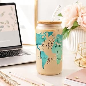 Frerdui Graduation Gift for Her – And Off She Went to Change the World 16oz Glass Cup, Cute Grad Gift for College High School Graduate, Grad Gift for Daughter Niece Granddaughter Friend B0GTY7QRB9