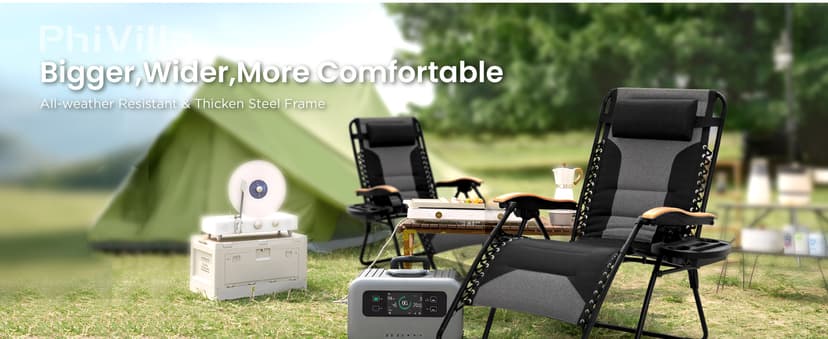 PHI VILLA XXL Oversized Padded Zero Gravity Chair, Foldable Patio Recliner, 30" Wide Seat Anti Gravity Lounger with Cup Holder, Support 400 LBS (Black)