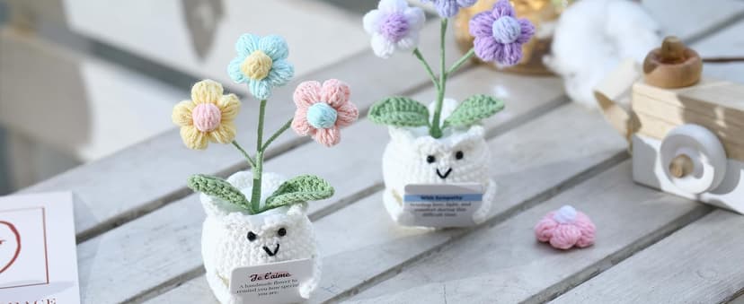 Cute Gifts for Women, Boss Day, Teacher Appreciation, Coworker & Nurse Thank You Gift, Desk Decor, 4.7 In H × 2.4 In W Forget-Me-Not Crochet Flower Potted Plant Gift B0F26ST99P