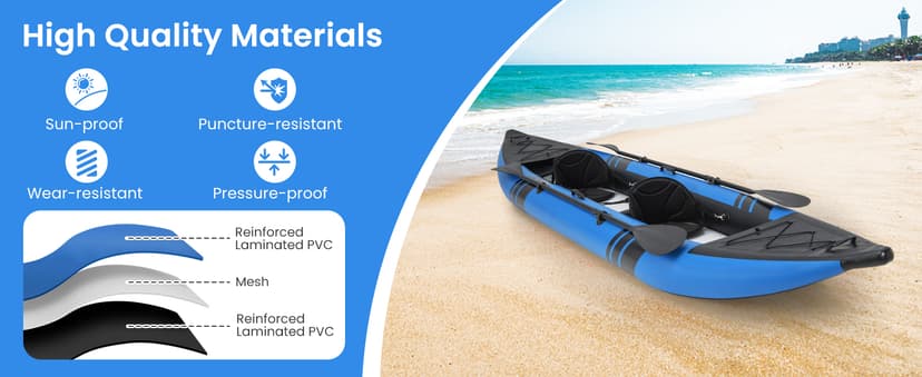 GYMAX Inflatable Kayak, 12.5Ft 507lbs Tandem Kayak with 2 Aluminum Paddles, 2 Padded Seats, Footrests, 2 Fins, Hand Pump, Carry Bag & Repair Kit, 2 Person Fishing Touring Kayak for Adults