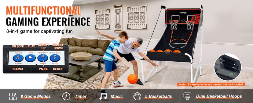 VEVOR Foldable Basketball Arcade Game, 2 Player Indoor Basketball Game, Home Dual Sport with 5 Balls, 8 Game Modes, Electronic Scoreboard, and Inflation Pump,Adults