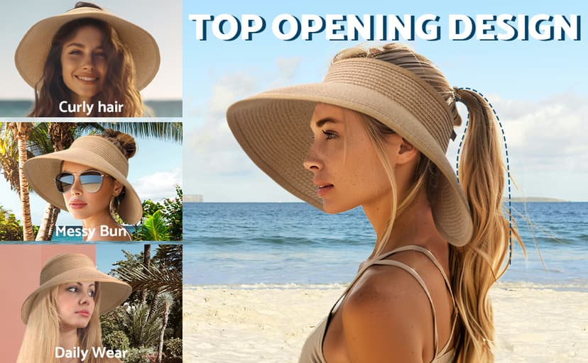 NPJY Sun Hats for Women Wide Brim Roll-Up Beach Ponytail Hat Packable Foldable Travel Straw Visor
