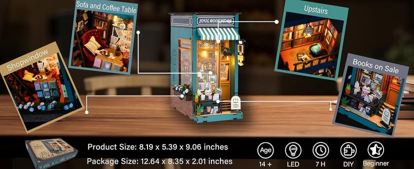 DIY Book Nook Kit with Music Box, Wooden 3D Puzzle Dollhouse with LED, Miniature House Kit Bookends for Adult and Teen, Bookshelf Decor, Creative Gift for Friends and Family. Soul Bookstore