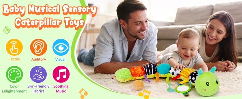 Baby Sensory Toy 0-6 Month Music Animal Stuffed Plush Caterpillar Toy for Infant 0-3-6-12 Month Old Tummy Time with Baby Mirror Crinkle Rattle Carseat Toys for Newborn Boys Girl Shower Gifts