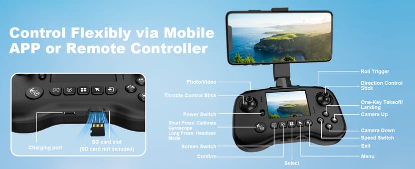 Drone with Camera - Drone with Screen on Controller for Beginners, Foldable Remote Control Quadcopter with Gesture Control, 3D Flip, One Key Start, Emergency Stop, 2 Batteries, Easier to use