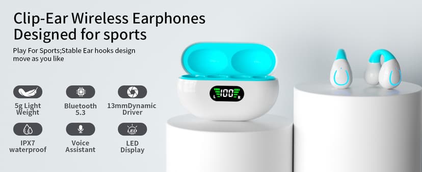 Clip On Earbuds, Bluetooth 5.3 Lightweight Comfort Bone Conduction Open Ear Headphones with LED Digital Display Charging Case Sport Built-in Mic IPX7 Waterproof for Running Fitness Android,Light Blue1