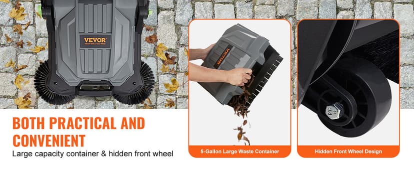 VEVOR Walk-Behind Hand Push Floor Sweeper, 25.6" Sweeping Width Floor Sweeper Manual Non-Electric, 5-Gallon Waste Container, Angle & Height Adjustable Folding Handle for Walkway, Yard, Garage, Patio