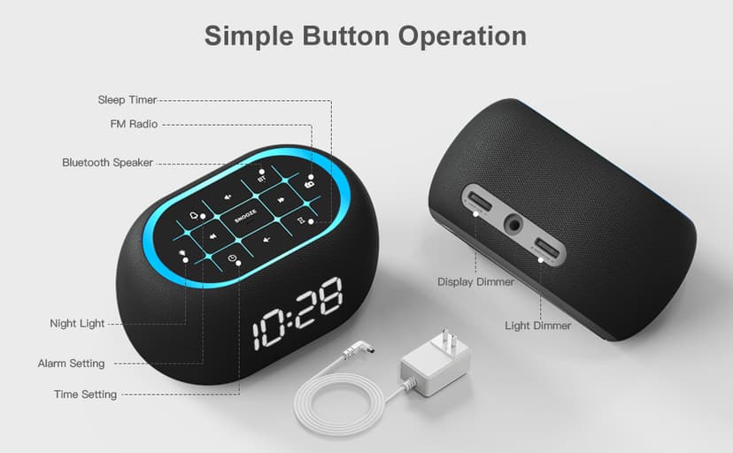 ANJANK Alarm Clock FM Radio with Bluetooth Speaker, Hi-Fi Stereo Sound, 0-100% Dimmer,7 Clolors Night Light, 8 Wake Up Sounds,16-Level Volume, Small Digital Clock with Sleep Timer for Bedroom Bedside