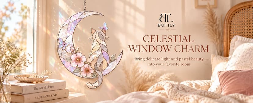 Wavy acrylic suncatcher featuring winged cat moon artwork, designed as a window hanging ornament for home décor and spaces Cat Suncatcher, Pet Memorial Gifts, Window Hanging Ornament 3 (6 Inches) B0HFW19G7L