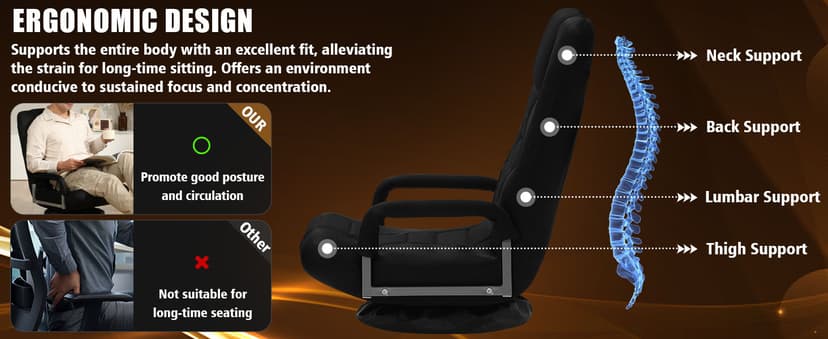 Swivel Gaming Chair Multipurpose Floor Gaming Chair for Playing Video Games, TV, Reading w/Armrest Lumbar Support & 6 Adjustable Postion Backrest for Adults, Black