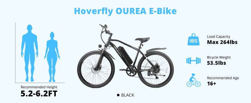 HOVERFLY OUREA 26" Electric Bike for Adults, 750W Peak Motor Mountain Ebike, 20MPH Up to 40 Miles, UL2849 Certified, 7-Speed, Removable Battery, Shock Absorber, Fat Tire Commuter E-Bike