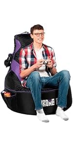 Throne Boss Gaming Bean Bag Chair Cover for Adults with High Back, Red – Large Floor Gaming Chair Cover, Easy to Clean Fabric, Large Pockets, Headphone Hanger, Requires 350 Liters Polystyrene Beans