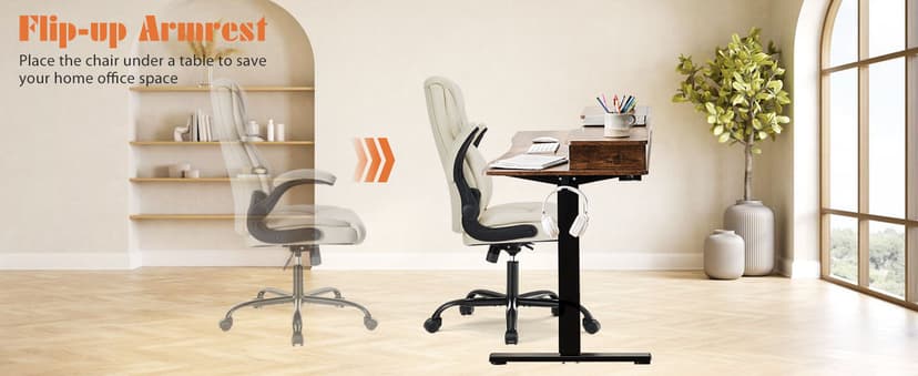 Sweetcrispy Ergonomic Office Chair Heavy Duty Task Desk Chair with Flip-up Arms, PU Leather, Adjustable Swivel Rolling Chair with Wheels, Beige