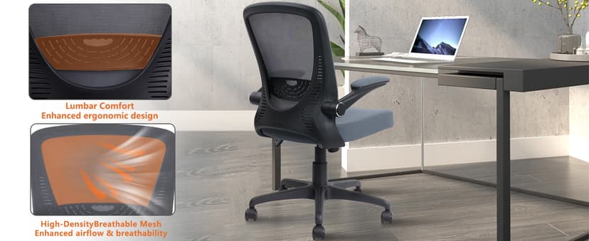CLATINA Desk Chairs with Wheels, Flip Up Arms Ergonomic Mesh Back Office Chair with Lumbar Support, Adjustable Height Swivel Rolling Computer Task Chairs for School Conference Room Home Study, Grey