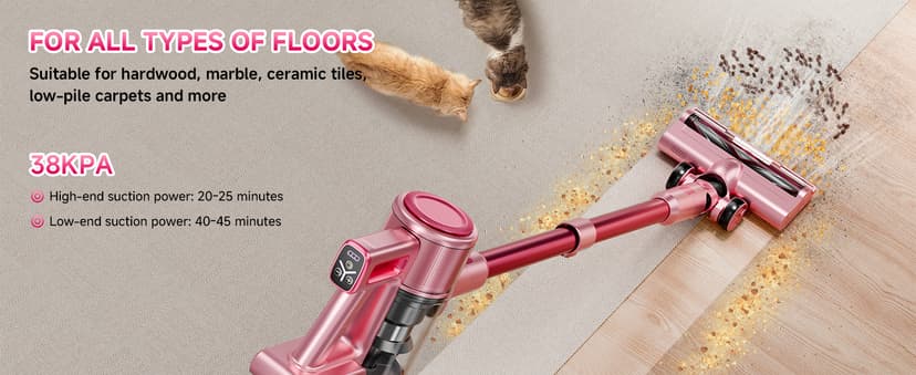 Cordless Vacuum Cleaner, 38Kpa Powerful Stick Vacuum Cleaner with 45mins Rechargeable Battery, LED Anti-Tangle Brush, 8-in-1 Handheld Vacuum Cleaners for Home/Pet Hair/Carpets/Floors, Pink