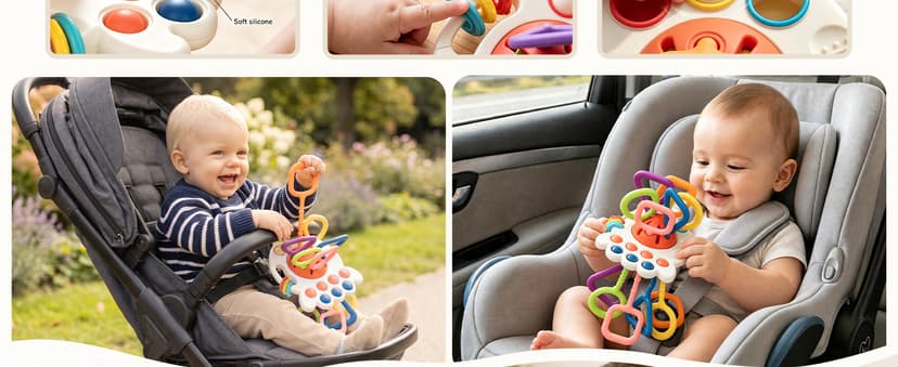 Silicone Teething and Car activities, Baby Shower Gifts for Infant 6-12 Months, 1 Year Old Boy and Girl Montessori Pull String Sensory Toy for Toddlers B0GZ3TLLZM